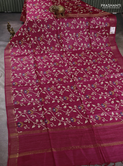 Munga tussar silk saree pink with allove prints and zari woven border