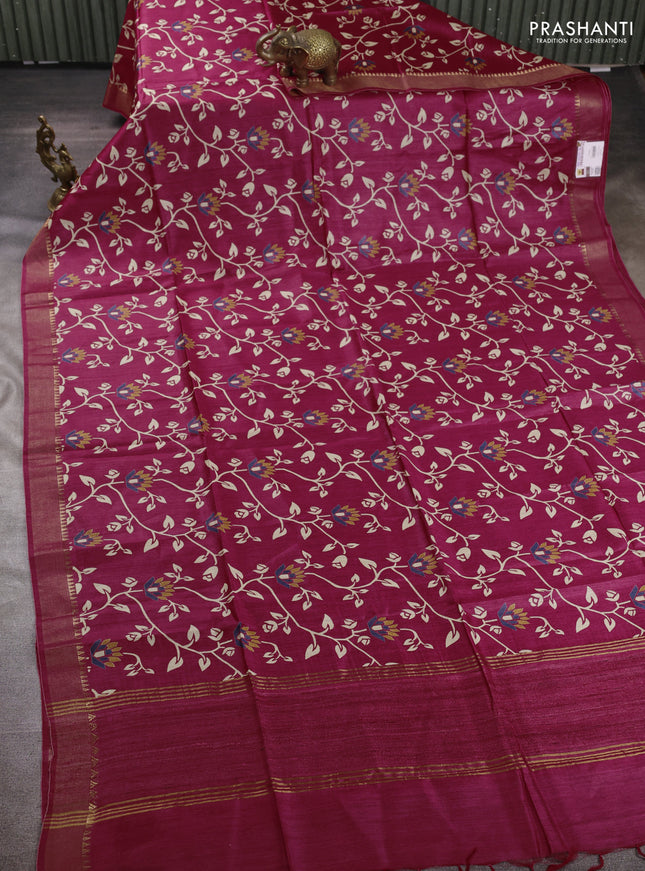 Munga tussar silk saree pink with allove prints and zari woven border