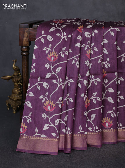 Munga tussar silk saree purple with allove prints and zari woven border