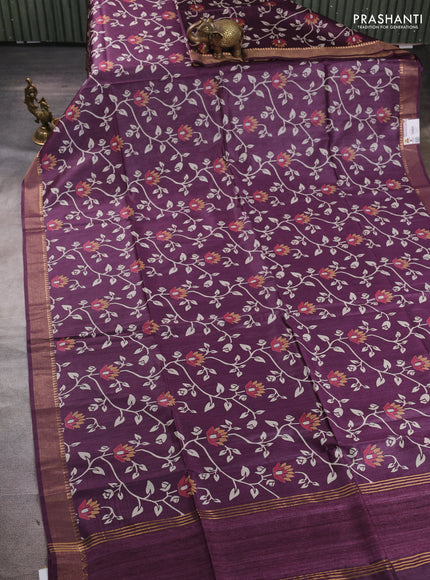 Munga tussar silk saree purple with allove prints and zari woven border
