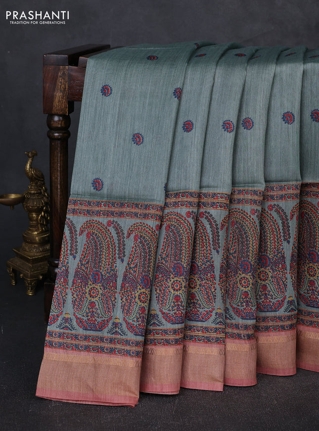Munga tussar silk saree pastel green shade and dark peach with allover butta prints and zari woven border