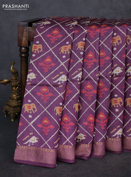 Munga tussar silk saree purple with allover patola prints and zari woven border