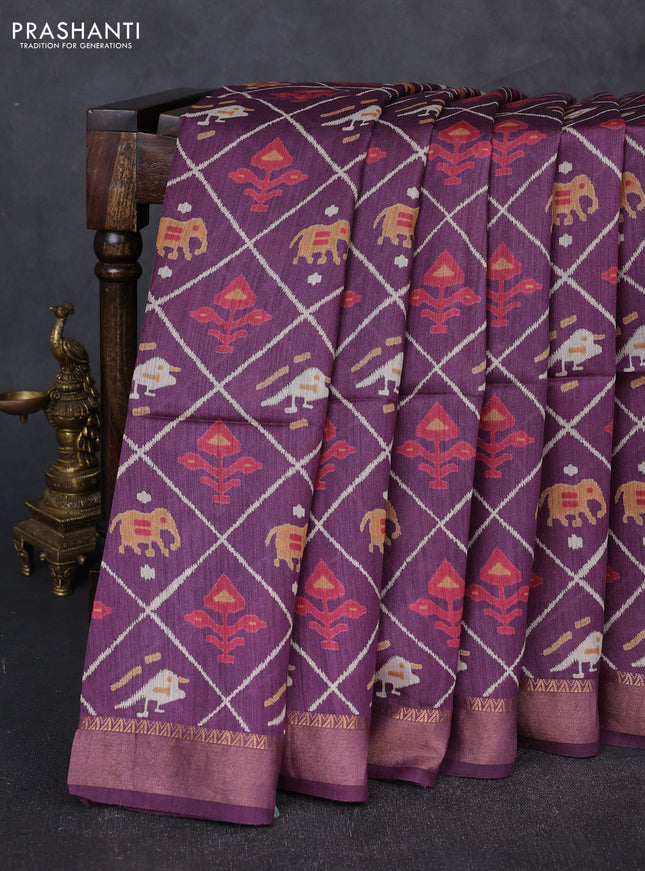 Munga tussar silk saree purple with allover patola prints and zari woven border