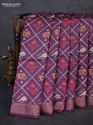 Munga tussar silk saree purple with allover patola prints and zari woven border