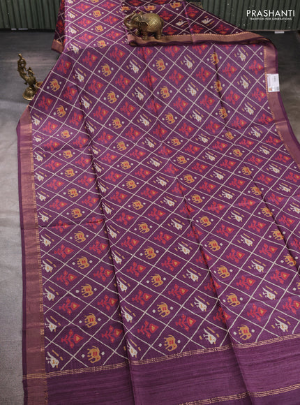 Munga tussar silk saree purple with allover patola prints and zari woven border