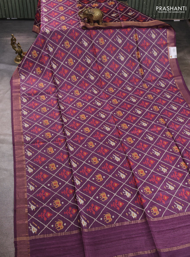 Munga tussar silk saree purple with allover patola prints and zari woven border