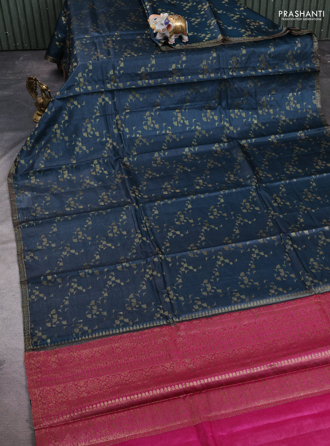 Banarasi tussar silk saree dark grey with allover thread & zari weaves and small woven border