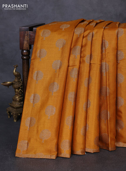 Banarasi tussar silk saree mustard yellow with allover thread & zari woven buttas and small woven border