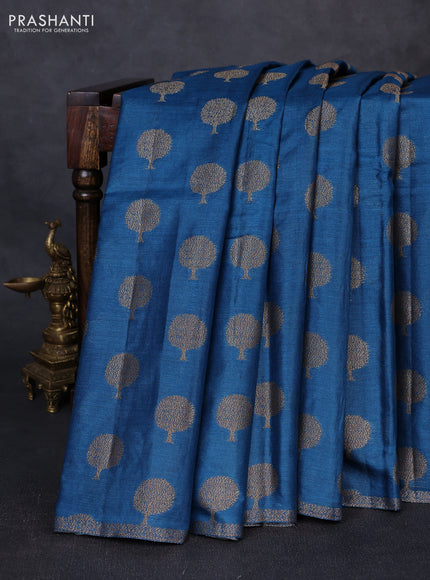 Banarasi tussar silk saree peacock blue with allover thread & zari woven buttas and small woven border