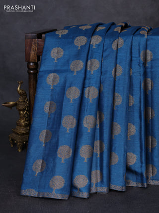 Banarasi tussar silk saree peacock blue with allover thread & zari woven buttas and small woven border