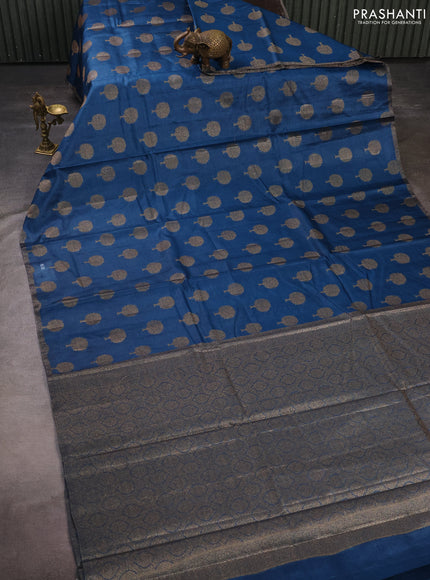 Banarasi tussar silk saree peacock blue with allover thread & zari woven buttas and small woven border