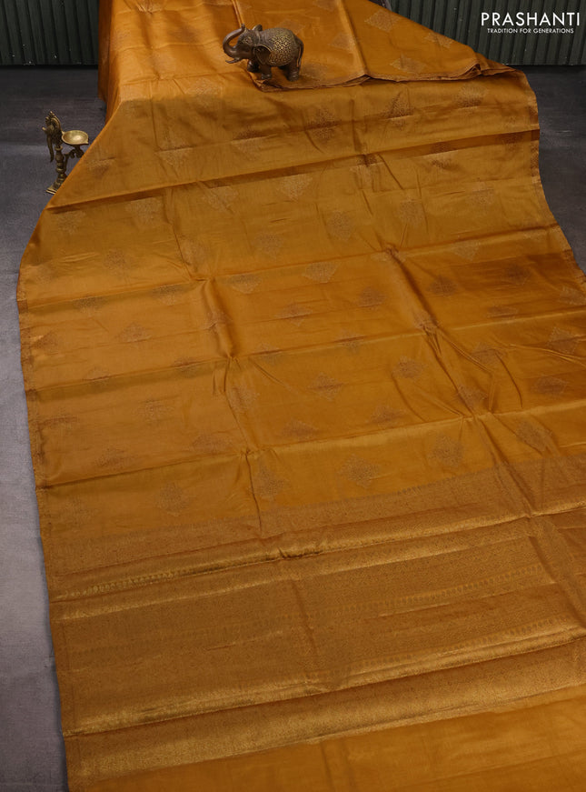 Banarasi tussar silk saree mustard yellow with allover thread & zari woven buttas and small woven border
