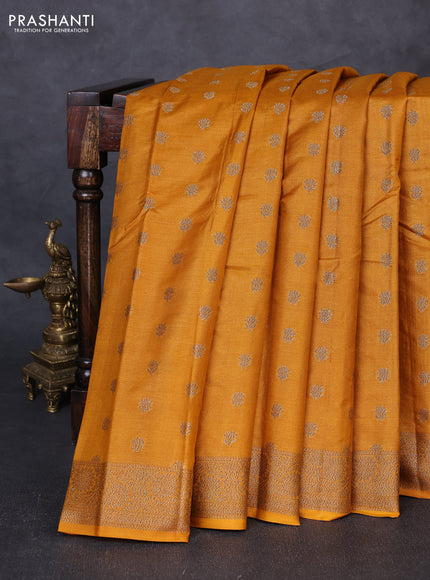 Banarasi tussar silk saree mustard yellow with allover thread & zari woven buttas and woven border