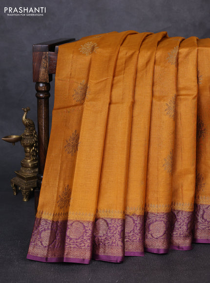 Banarasi tussar silk saree mustard yellow and wine shade with allover thread & zari woven buttas and woven border