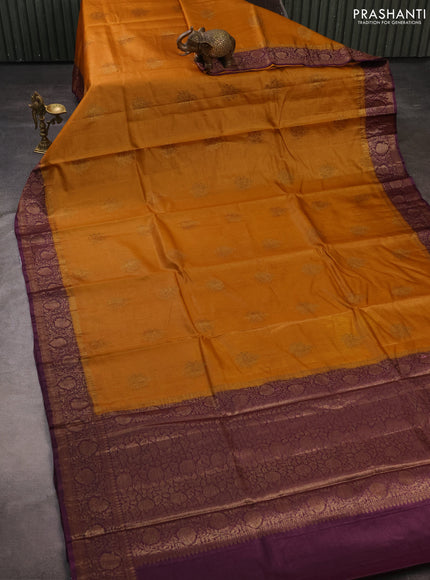 Banarasi tussar silk saree mustard yellow and wine shade with allover thread & zari woven buttas and woven border