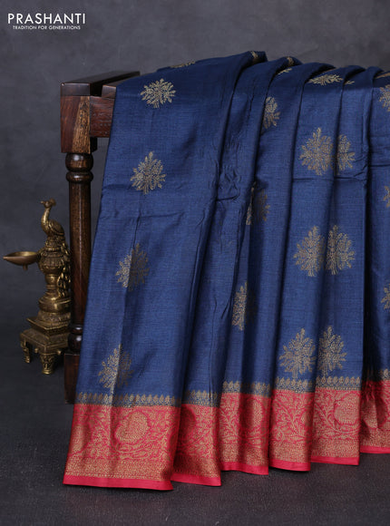 Banarasi tussar silk saree peacock blue and maroon with allover thread & zari woven buttas and woven border