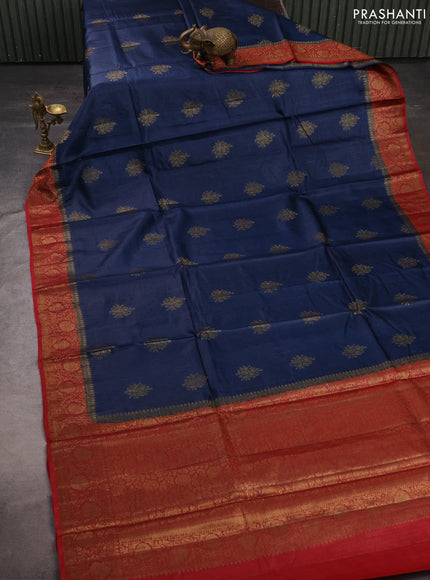 Banarasi tussar silk saree peacock blue and maroon with allover thread & zari woven buttas and woven border