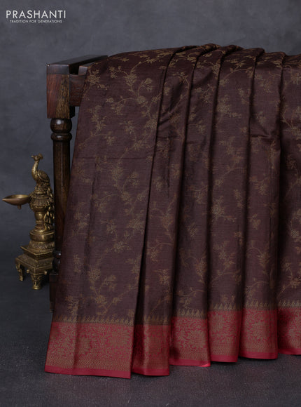Banarasi tussar silk saree brown and maroon with allover thread & zari weaves and woven border