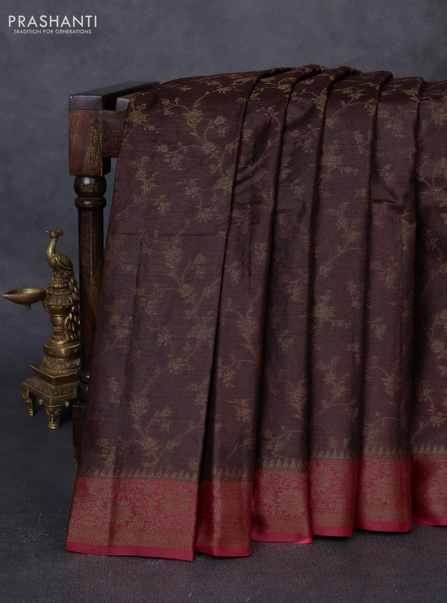 Banarasi tussar silk saree brown and maroon with allover thread & zari weaves and woven border