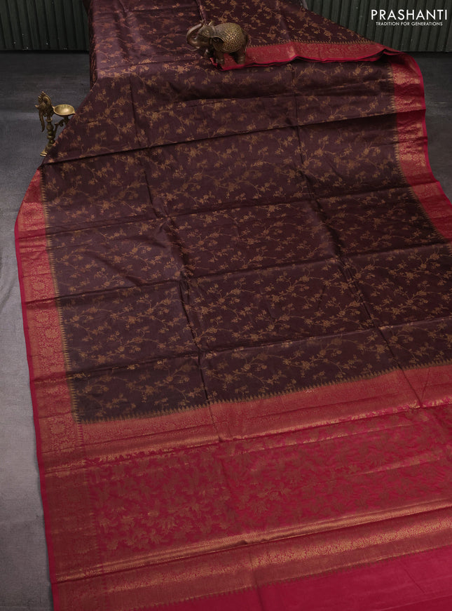 Banarasi tussar silk saree brown and maroon with allover thread & zari weaves and woven border