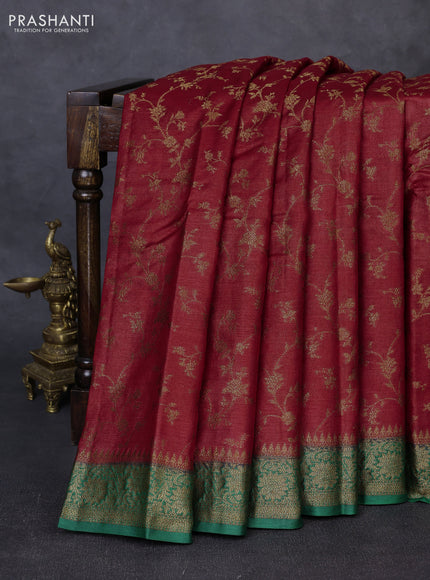 Banarasi tussar silk saree maroon and green with allover thread & zari weaves and woven border