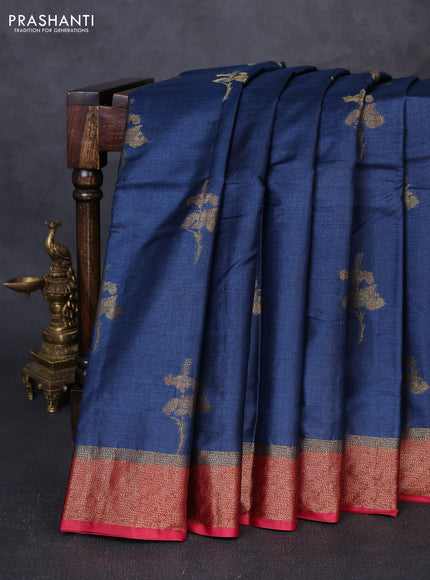 Banarasi tussar silk saree peacock blue and maroon with allover thread & zari woven buttas and woven border