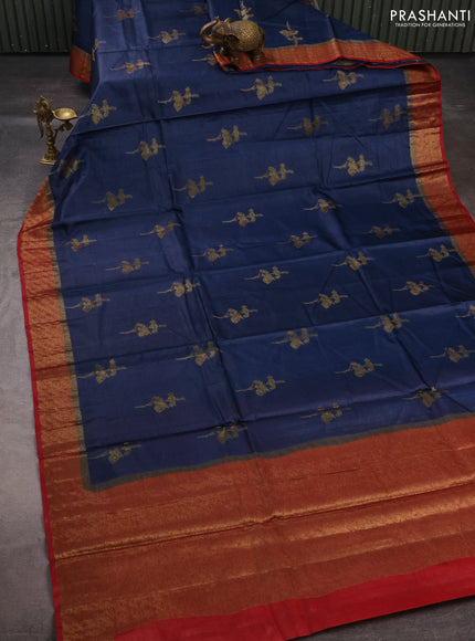 Banarasi tussar silk saree peacock blue and maroon with allover thread & zari woven buttas and woven border