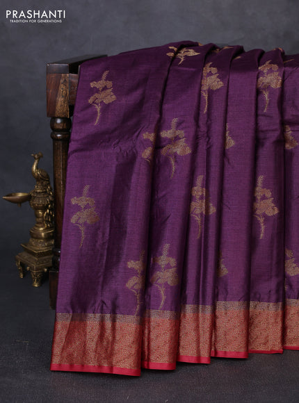 Banarasi tussar silk saree wine shade and maroon with allover thread & zari woven buttas and woven border