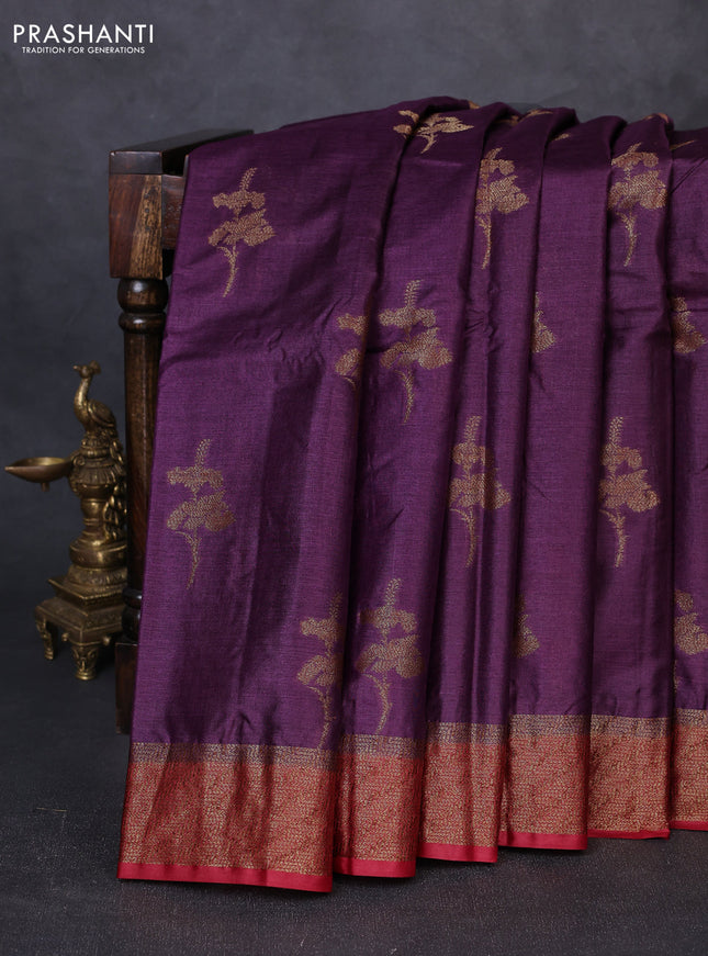 Banarasi tussar silk saree wine shade and maroon with allover thread & zari woven buttas and woven border