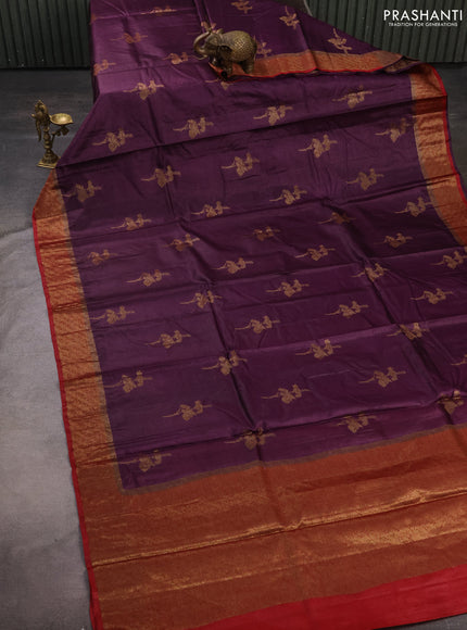 Banarasi tussar silk saree wine shade and maroon with allover thread & zari woven buttas and woven border
