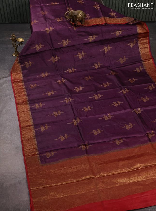 Banarasi tussar silk saree wine shade and maroon with allover thread & zari woven buttas and woven border