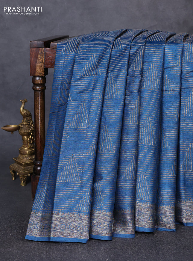 Banarasi tussar silk saree peacock blue with allover thread & zari weaves and woven border