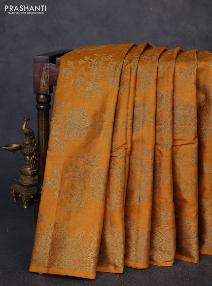 Banarasi tussar silk saree mustard yellow with allover thread & zari weaves and woven border