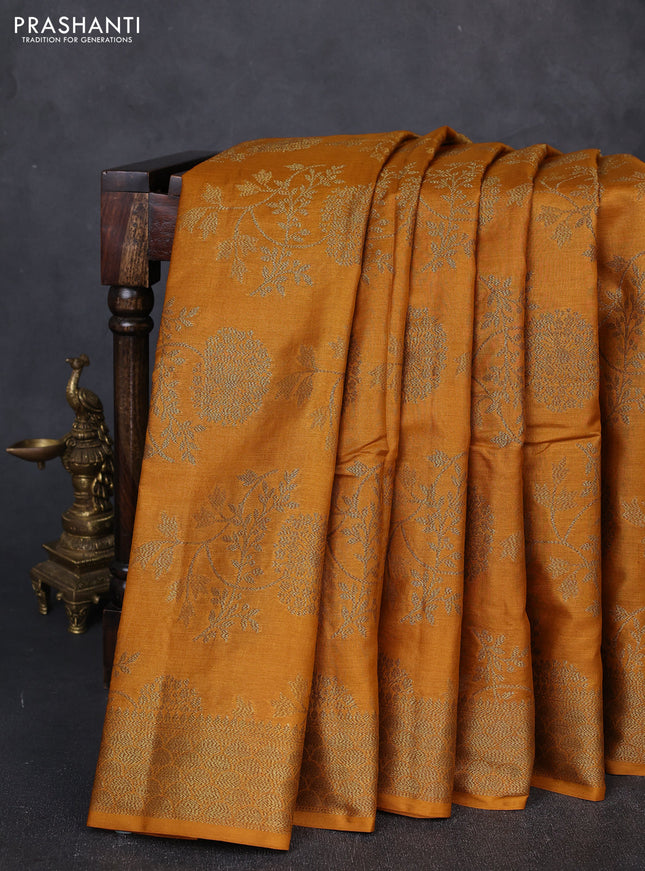 Banarasi tussar silk saree mustard yellow with allover thread & zari weaves and woven border