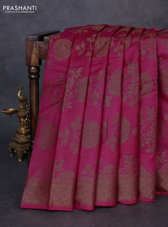 Banarasi tussar silk saree magenta pink with allover thread & zari weaves and woven border