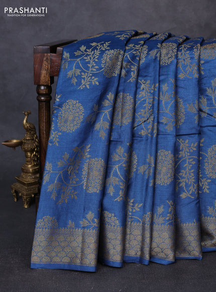 Banarasi tussar silk saree peacock blue with allover thread & zari weaves and woven border