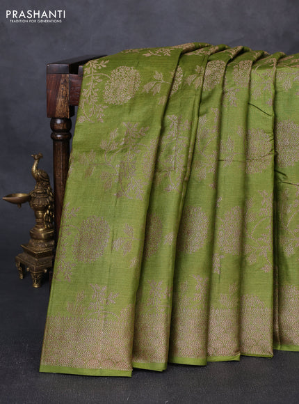 Banarasi tussar silk saree mehendi green with allover thread & zari weaves and woven border
