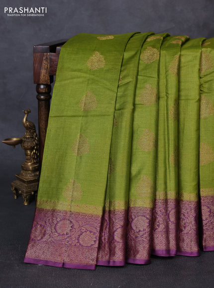 Banarasi tussar silk saree mehendi green and wine shade with allover thread & zari woven buttas and woven border