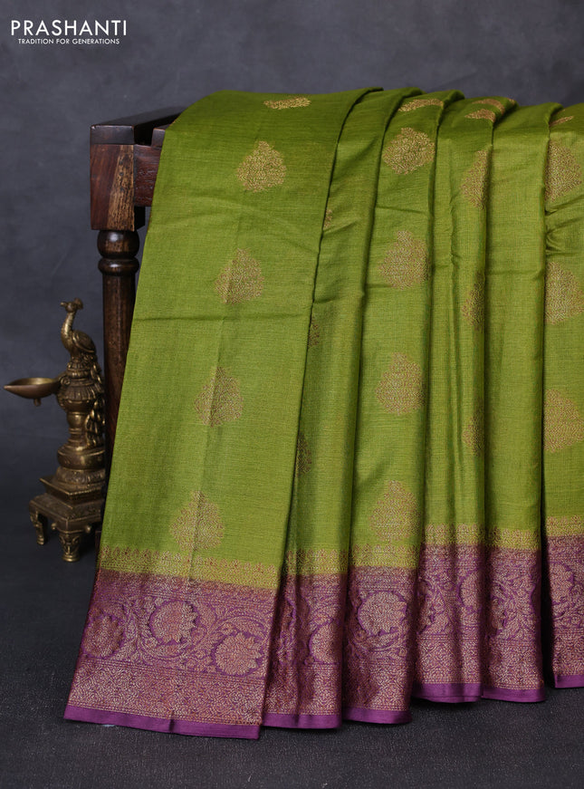 Banarasi tussar silk saree mehendi green and wine shade with allover thread & zari woven buttas and woven border