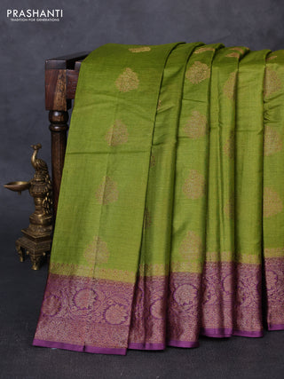 Banarasi tussar silk saree mehendi green and wine shade with allover thread & zari woven buttas and woven border