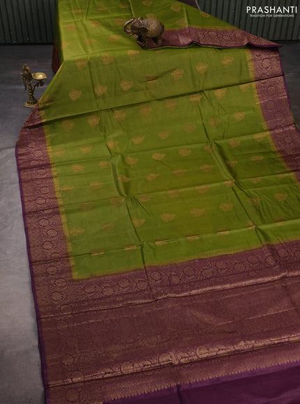 Banarasi tussar silk saree mehendi green and wine shade with allover thread & zari woven buttas and woven border