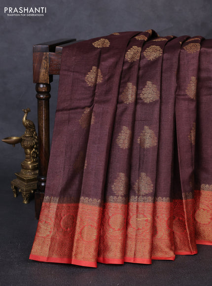 Banarasi tussar silk saree brown and rust shade with allover thread & zari woven buttas and woven border