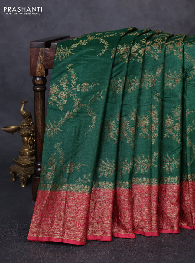 Banarasi tussar silk saree green and maroon with allover thread & zari weaves and woven border