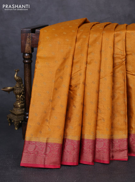 Banarasi tussar silk saree dark mustard and maroon with allover thread & zari woven buttas and woven border