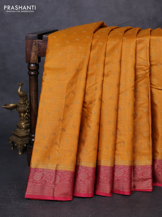 Banarasi tussar silk saree dark mustard and maroon with allover thread & zari woven buttas and woven border
