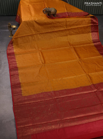 Banarasi tussar silk saree dark mustard and maroon with allover thread & zari woven buttas and woven border