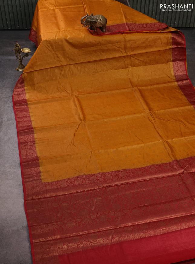 Banarasi tussar silk saree dark mustard and maroon with allover thread & zari woven buttas and woven border