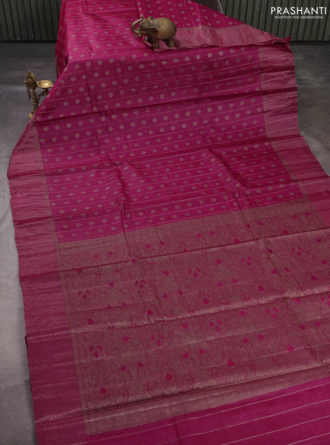 Banarasi tussar silk saree magenta pink with allover thread & zari weaves & buttas and zari woven border