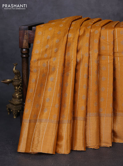 Banarasi tussar silk saree dark mustard with allover thread & zari weaves & buttas and zari woven border