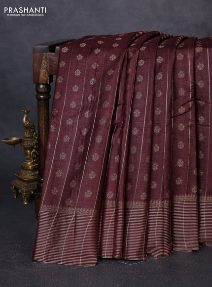 Banarasi tussar silk saree brown with allover thread & zari weaves & buttas and zari woven border